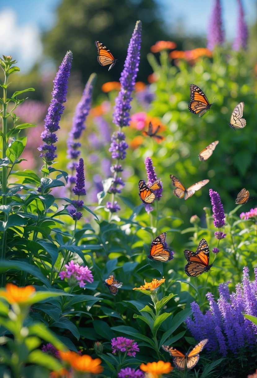 A colorful garden with blooming flowers and several butterflies flying and resting on the plants.
