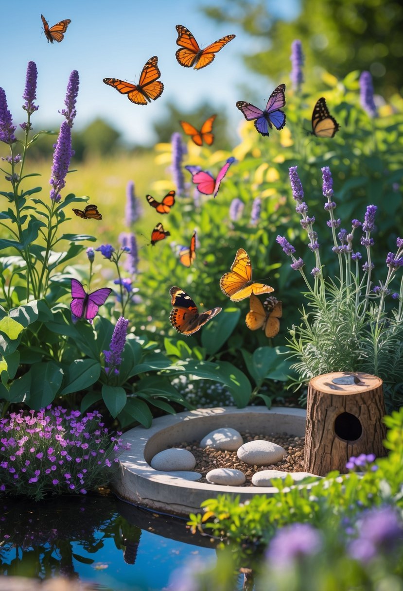A garden with colorful butterflies flying around blooming flowers and a butterfly habitat with plants and a shallow water dish.