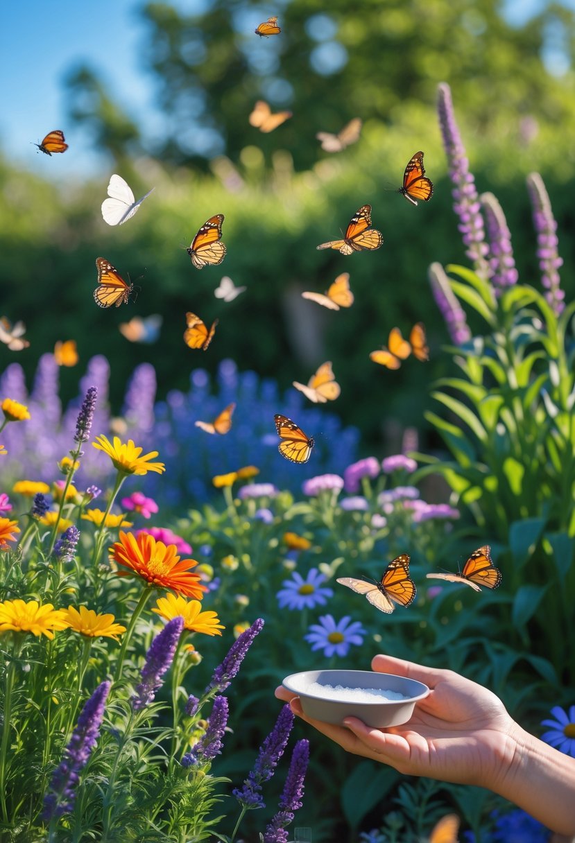 A garden filled with colorful flowers and butterflies fluttering around, with a person’s hand holding a butterfly feeder.