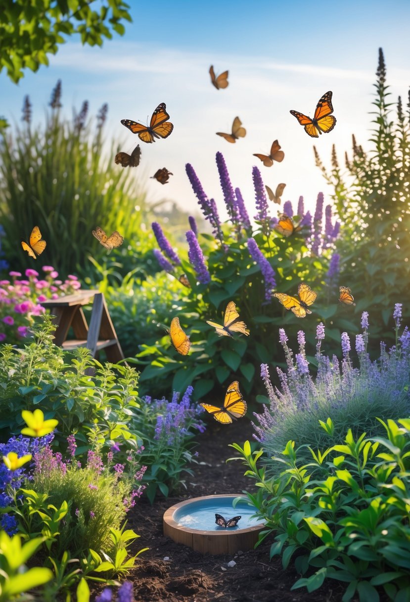 A garden with colorful flowers and butterflies flying among them under a clear blue sky.