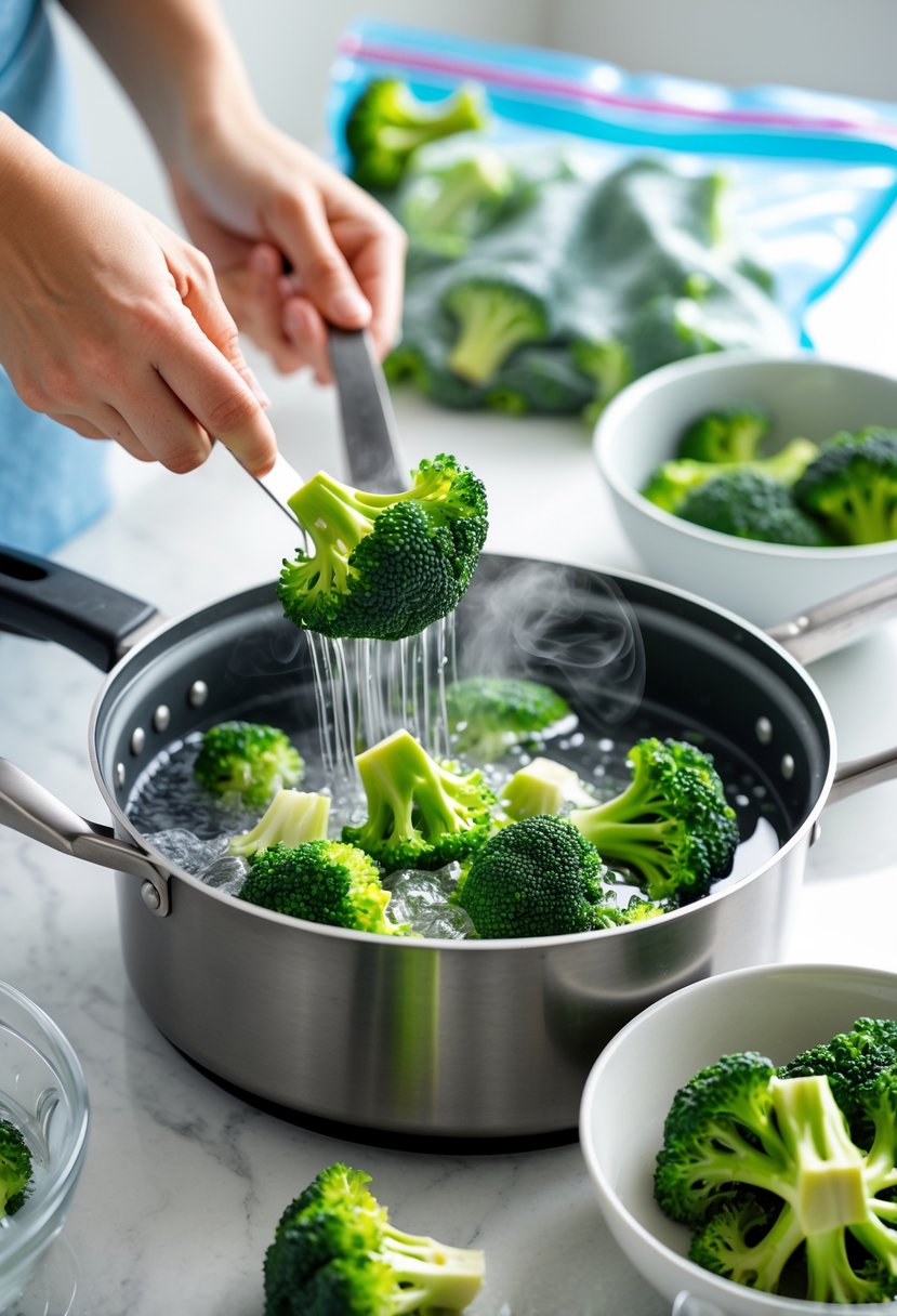 Hands blanching fresh broccoli florets in boiling water with a bowl of ice water and a freezer bag nearby on a kitchen countertop.
