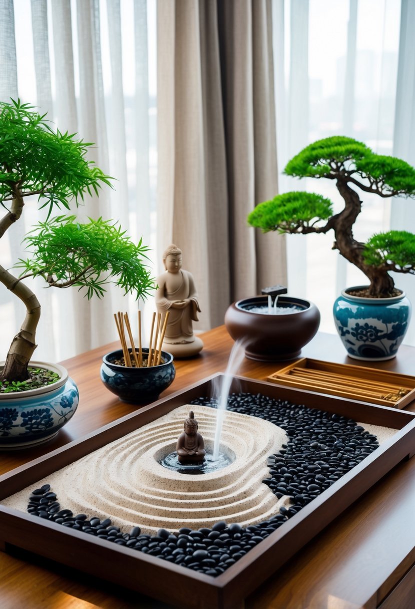Indoor zen garden with sand patterns, pebbles, bonsai trees, bamboo fountain, and a small Buddha statue on a wooden surface.