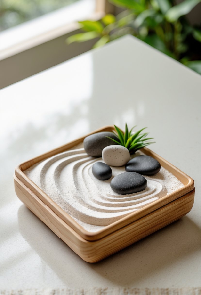 A small wooden tray with white sand and smooth stones arranged in a miniature indoor zen garden.