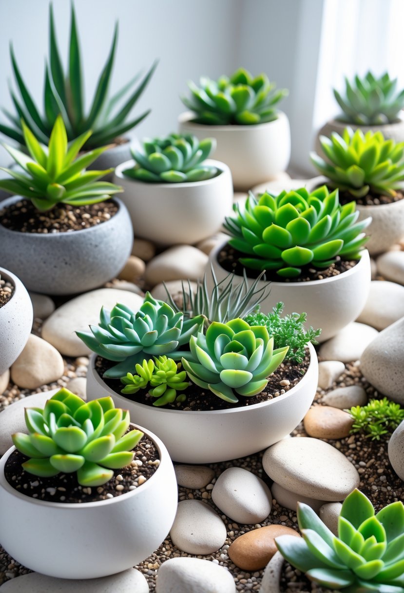 Indoor zen garden with thirteen succulent planters surrounded by white and brown stones.