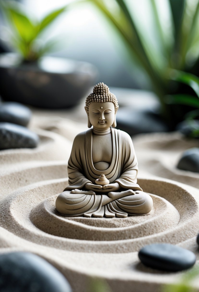 A Buddha figurine resting on fine sand in an indoor zen garden setting.