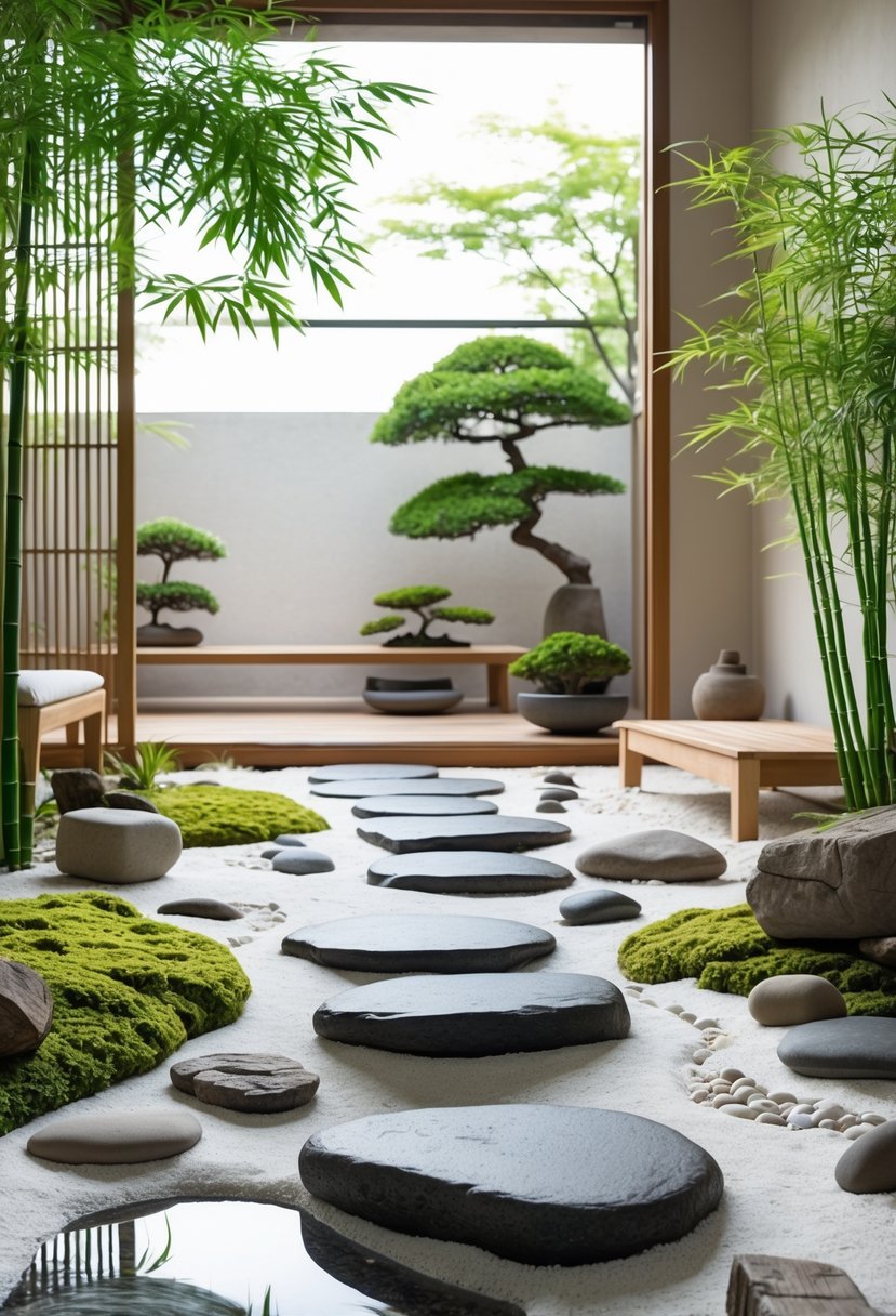 Stone pathway leading through an indoor zen garden to a cozy patio area with wooden furniture and plants.