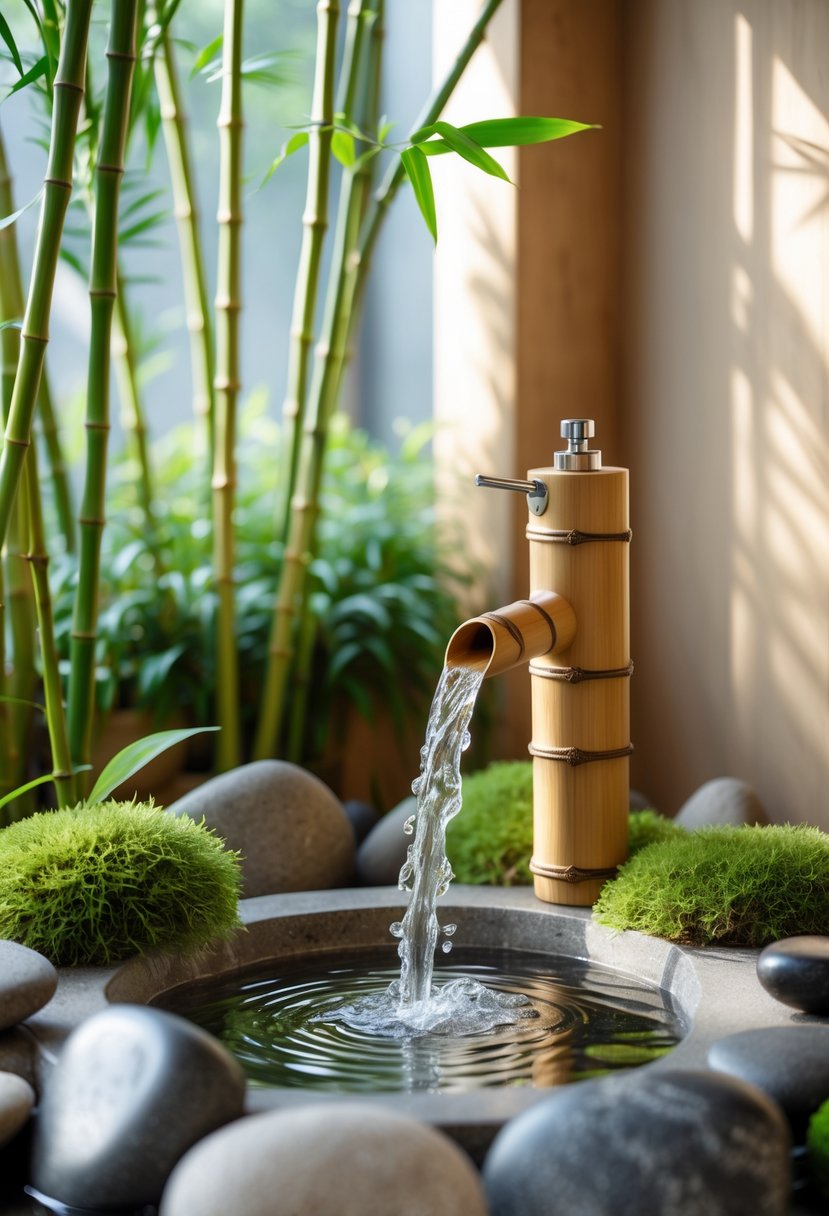 Indoor zen garden with a bamboo water tap pouring water into a stone basin surrounded by bamboo stalks and moss.