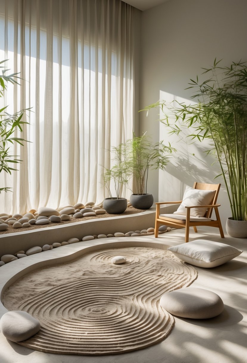 An indoor zen garden with river stones, sand patterns, wooden furniture, and potted bamboo plants in neutral colors.