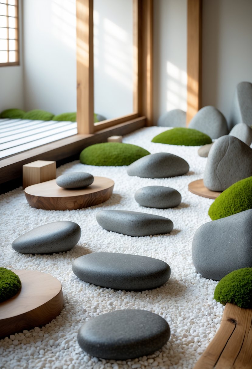 An indoor Japanese rock garden with simple rock arrangements on white gravel and natural wooden elements.
