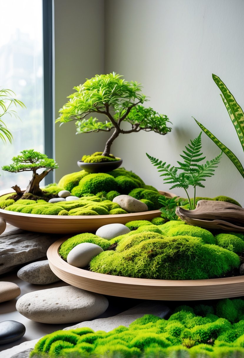 Indoor moss garden with green moss, stones, bonsai trees, and natural wooden elements arranged peacefully on a tray.