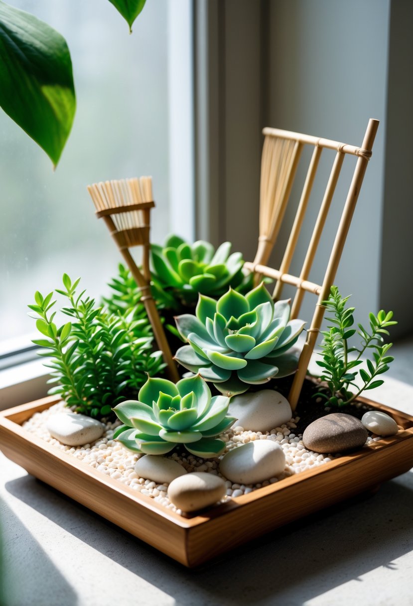 A small indoor zen garden with green succulents, white pebbles, and natural stones arranged in a wooden tray.
