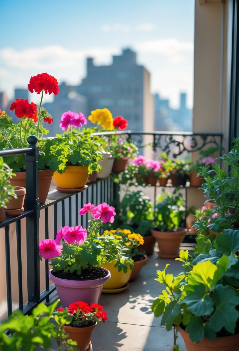 A small balcony with a variety of colorful flowering plants in pots arranged along the railing and floor, overlooking a cityscape.