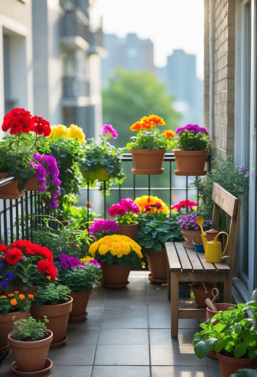 Small balcony filled with colorful flowering plants in pots and a wooden bench with gardening tools.