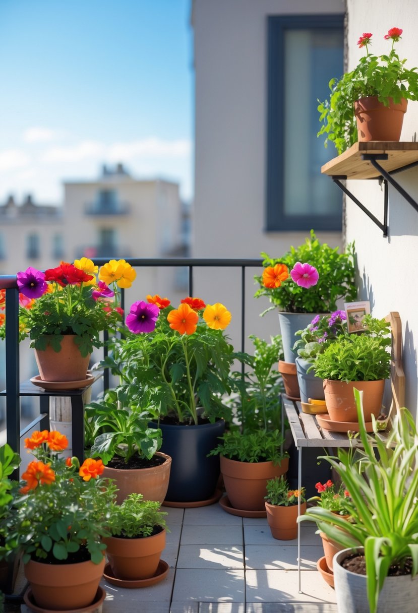 A small balcony garden with various colorful flowers and green plants arranged in pots and planters, with gardening tools on a wooden shelf in the background.