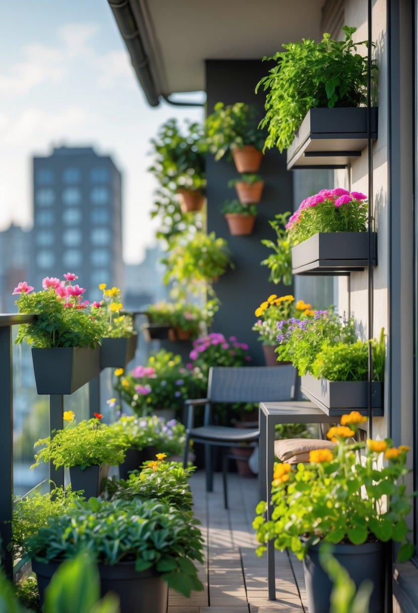 A small balcony with vertical planters and hanging pots filled with colorful flowers and green plants, featuring compact furniture and shelving units.