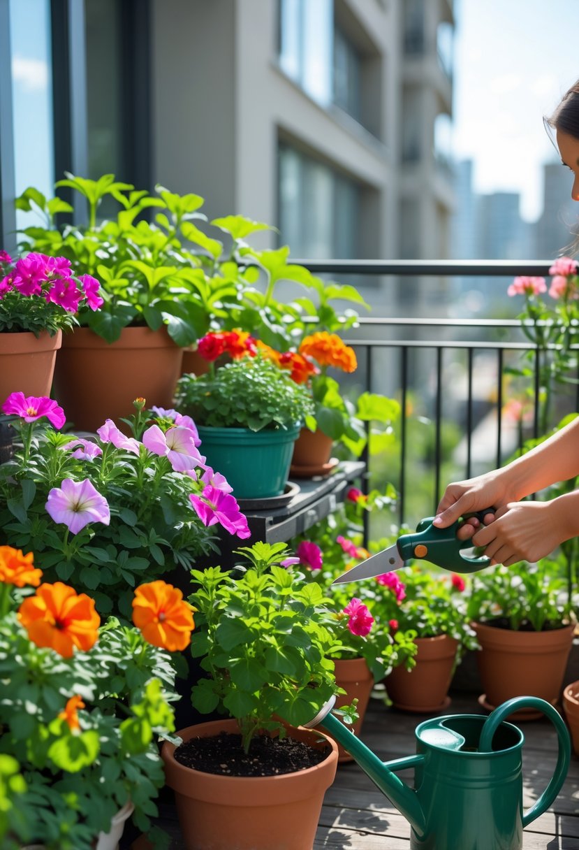 A small balcony filled with colorful flowering plants being tended by a person using gardening tools.