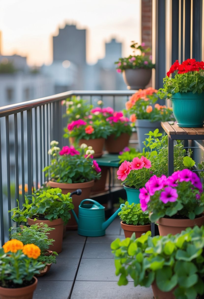 A small balcony with colorful flower pots and plants arranged along the railing and floor, with a cityscape in the background.