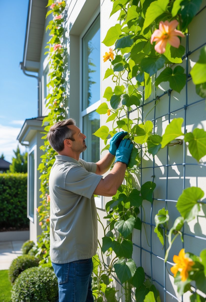 A person inspecting climbing vines growing on the side of a house with a garden in the background.