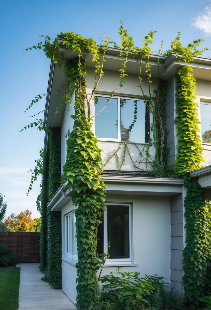 A house exterior with climbing vines growing on the walls, showing signs of damage like cracked paint and moisture stains.