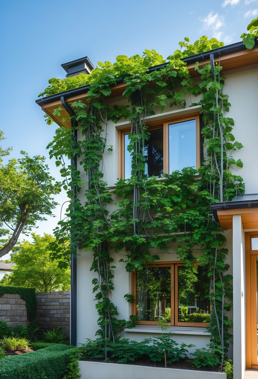 A modern house with green climbing vines growing around the windows and walls on a sunny day.