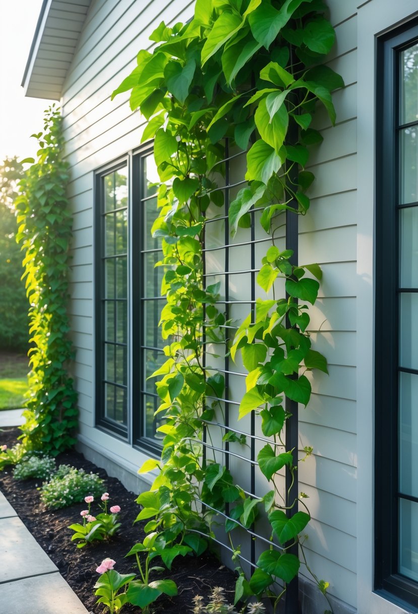 A healthy green climbing vine growing on a trellis attached to the side of a clean, modern house with a tidy garden below.