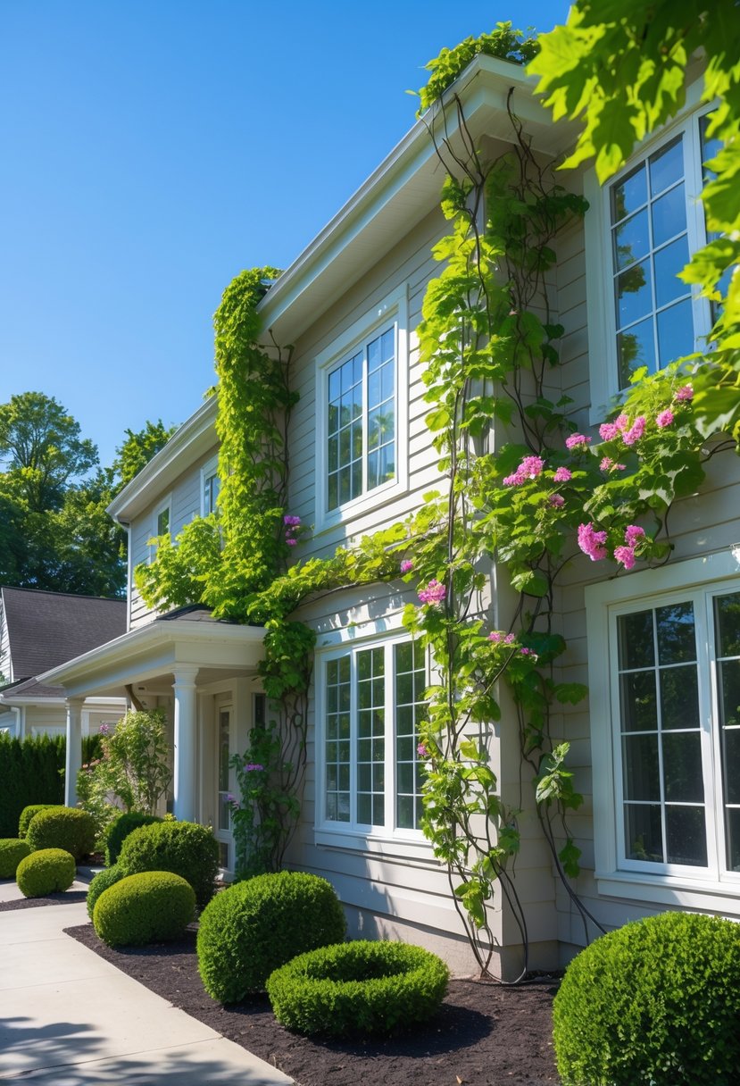 A suburban house exterior with healthy climbing vines growing around the walls and windows under a clear blue sky.