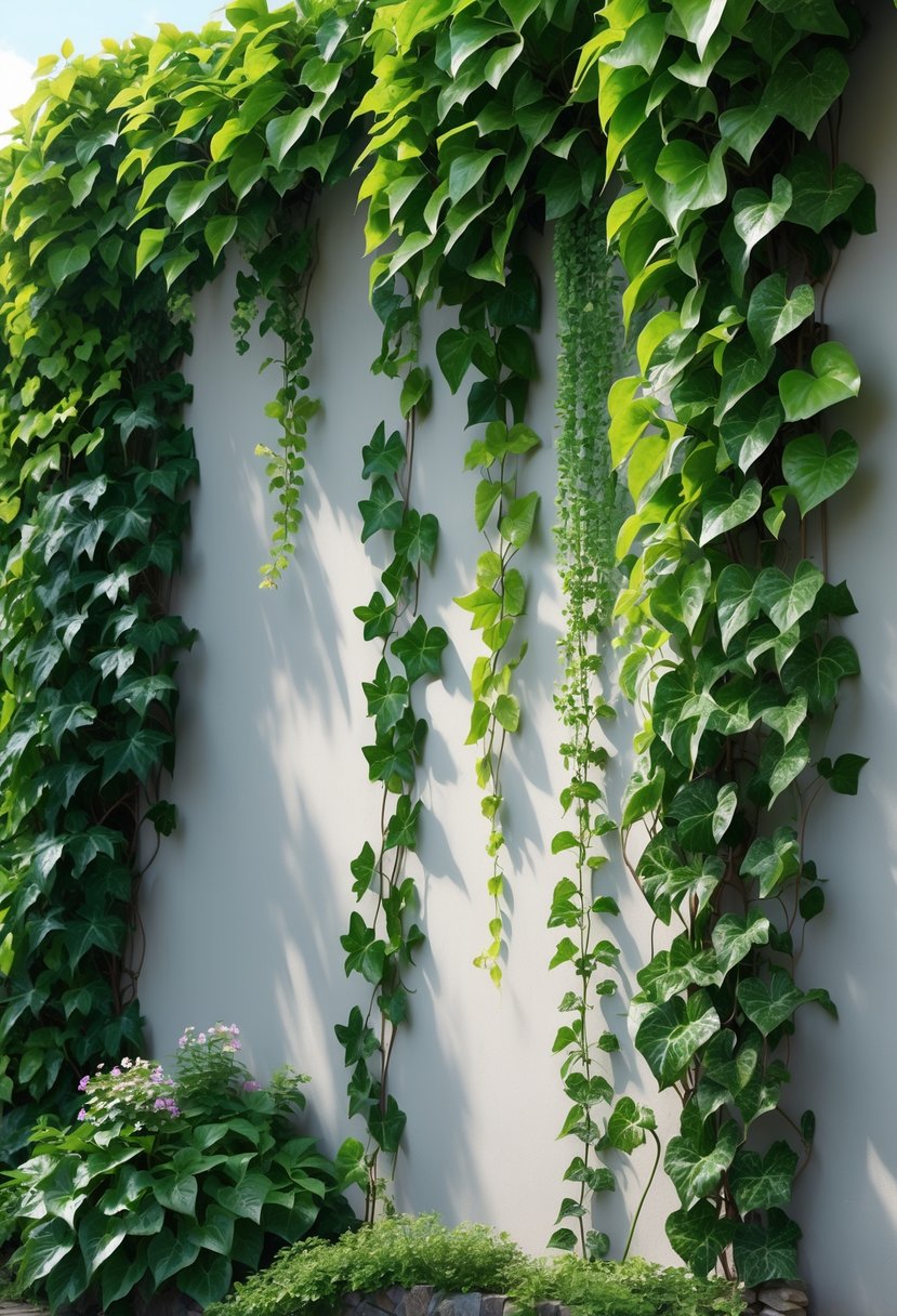 A large outdoor wall completely covered with ten different types of green climbing vines with various leaf shapes and some flowers.