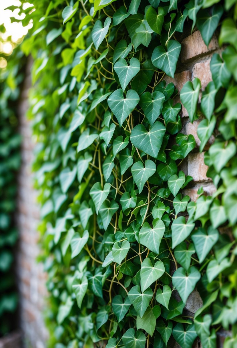A wall completely covered with dense green English Ivy vines and leaves.