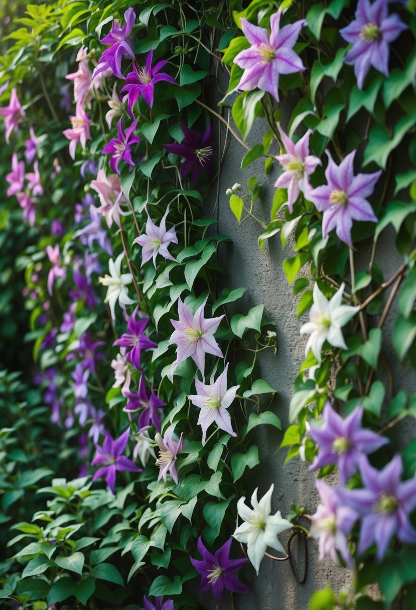 A garden wall covered with dense clematis vines blooming with purple, pink, and white flowers and green leaves.