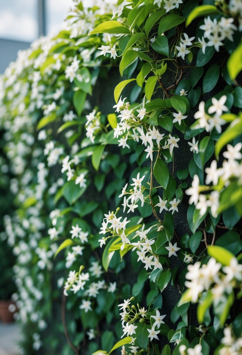 A wall fully covered with green Star Jasmine vines and white star-shaped flowers.
