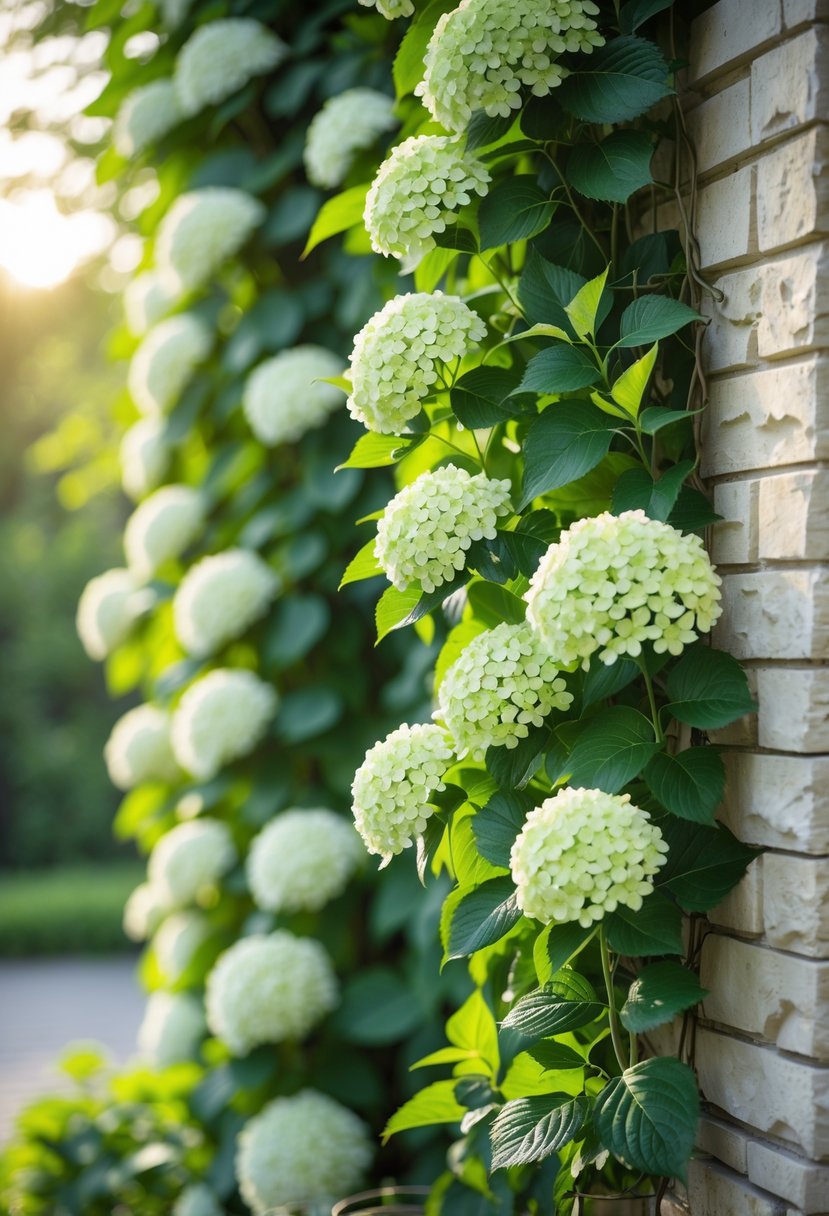 A climbing hydrangea vine with white flowers and green leaves covering a large exterior brick wall.