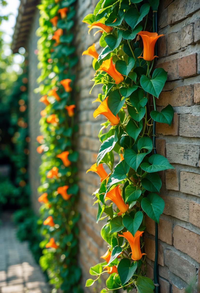 A wall covered with green leaves and bright orange trumpet-shaped flowers of a trumpet vine.