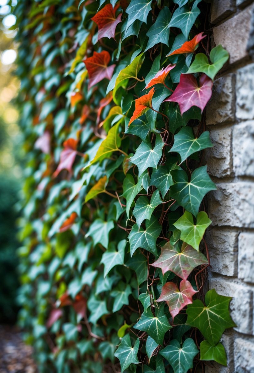 A wall fully covered with dense Boston Ivy vines showing green and red leaves.