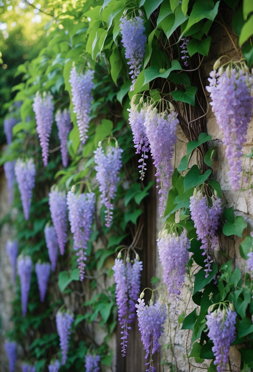 A wall covered with dense green wisteria vines and hanging clusters of purple flowers.