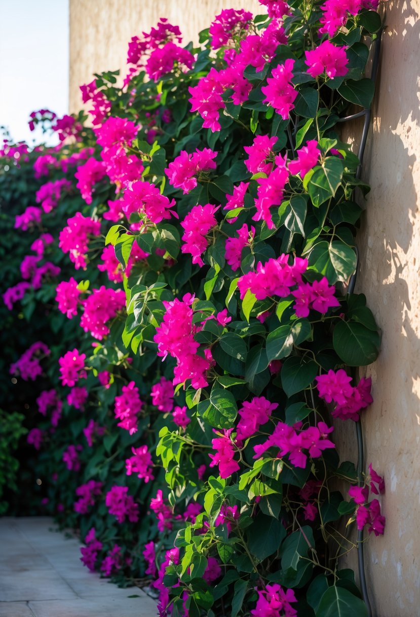 A wall completely covered by a dense bougainvillea vine with bright pink flowers and green leaves.