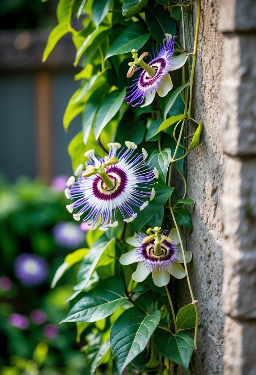 A passion flower vine with green leaves and purple-white flowers climbing and covering a garden wall.