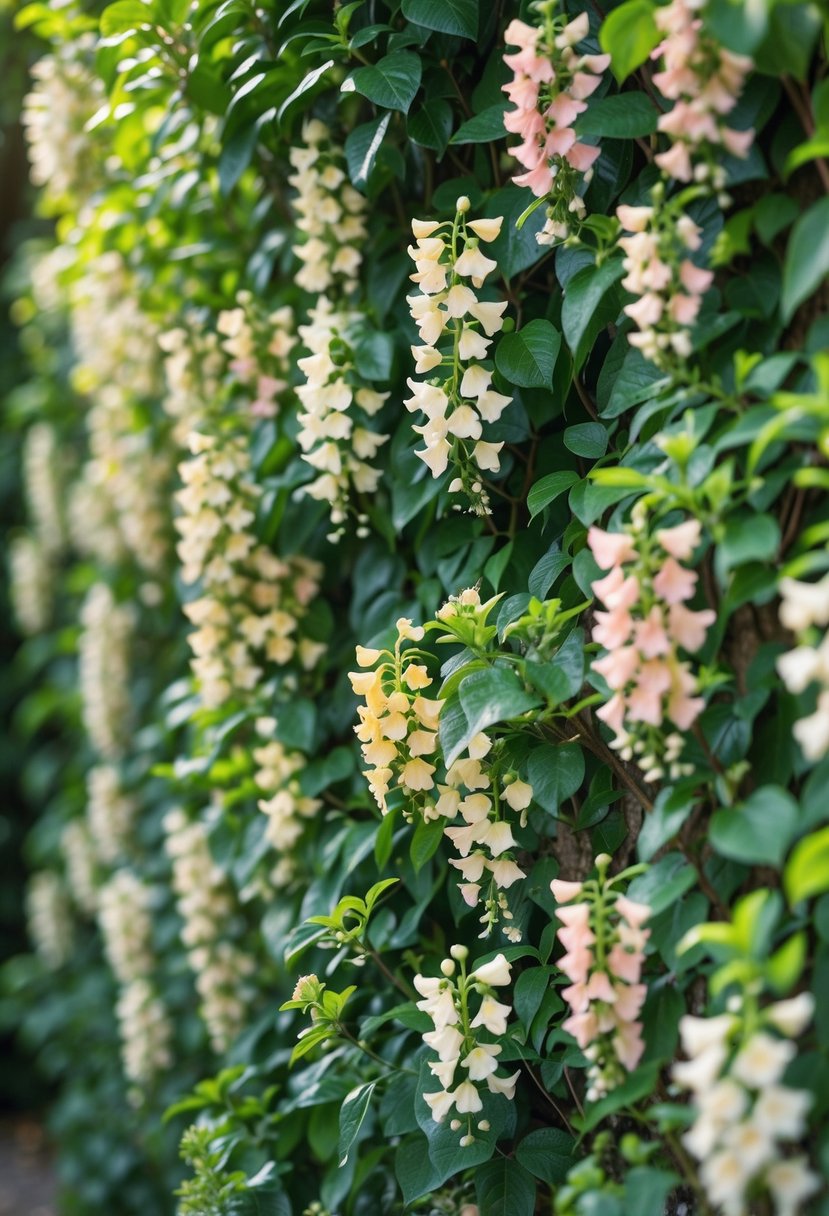 A wall covered densely with blooming honeysuckle vines featuring clusters of white and pink flowers and green leaves.