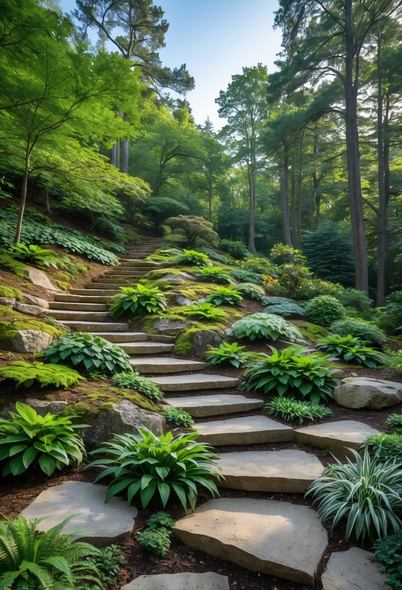 A sloped garden in a woodland setting with stone steps, green plants, and tall trees surrounding the area.