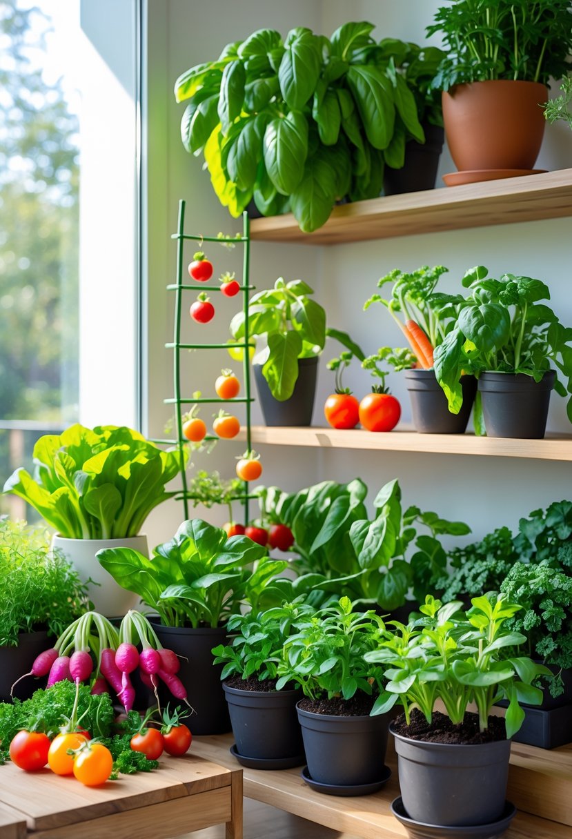 An indoor garden with twelve different vegetable plants growing in pots by a sunny window.