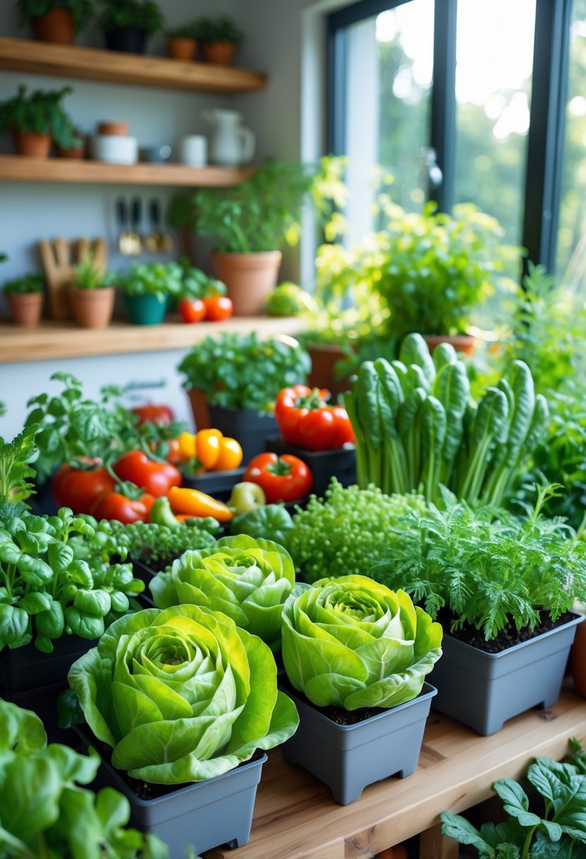 An indoor garden with healthy lettuce and various vegetables growing in pots on shelves by a sunlit window.