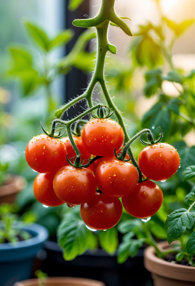 A cluster of ripe cherry tomatoes on the vine in an indoor garden with green plants in the background.