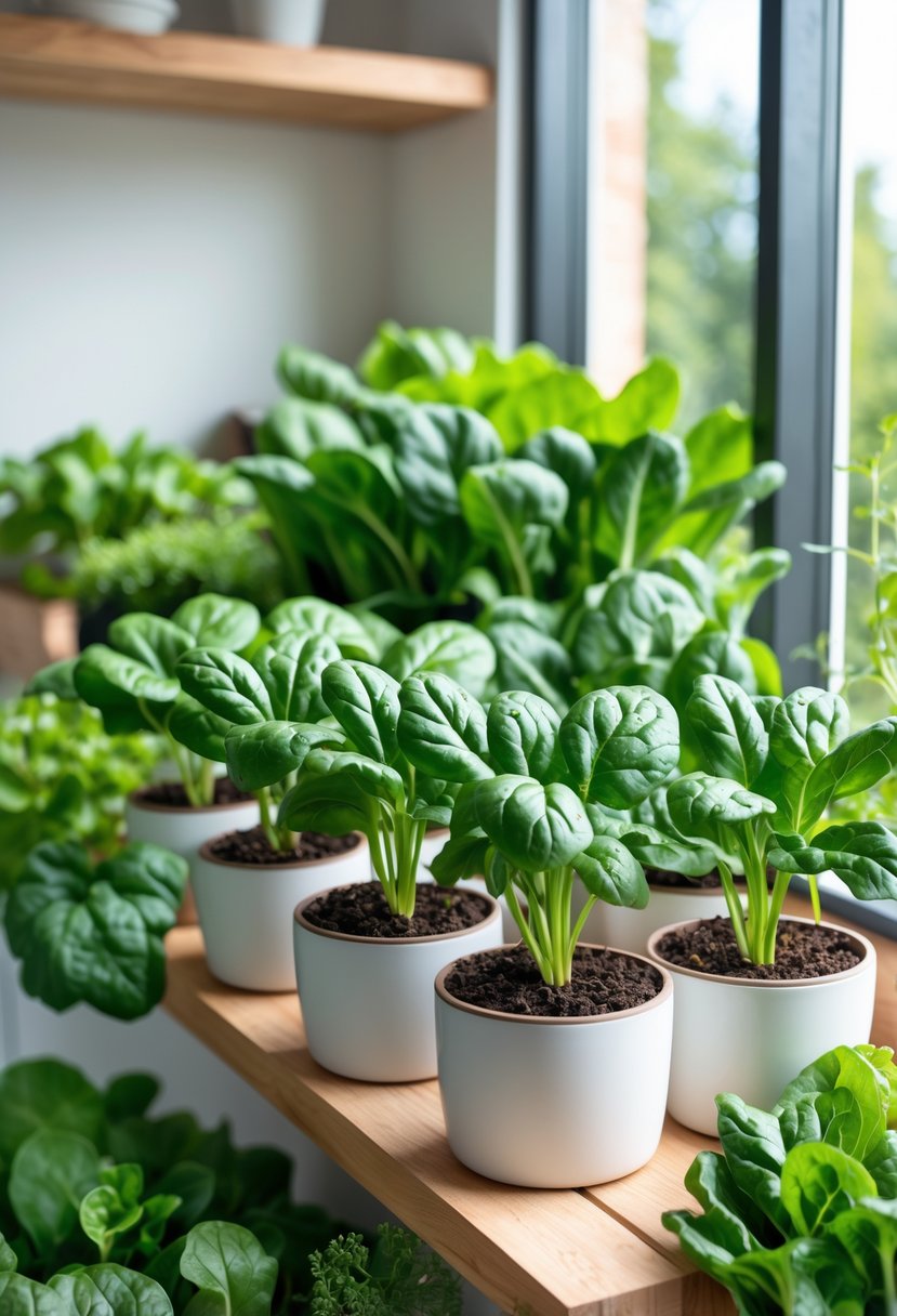 Indoor garden with healthy spinach plants growing in white pots on a wooden shelf near a sunny window.