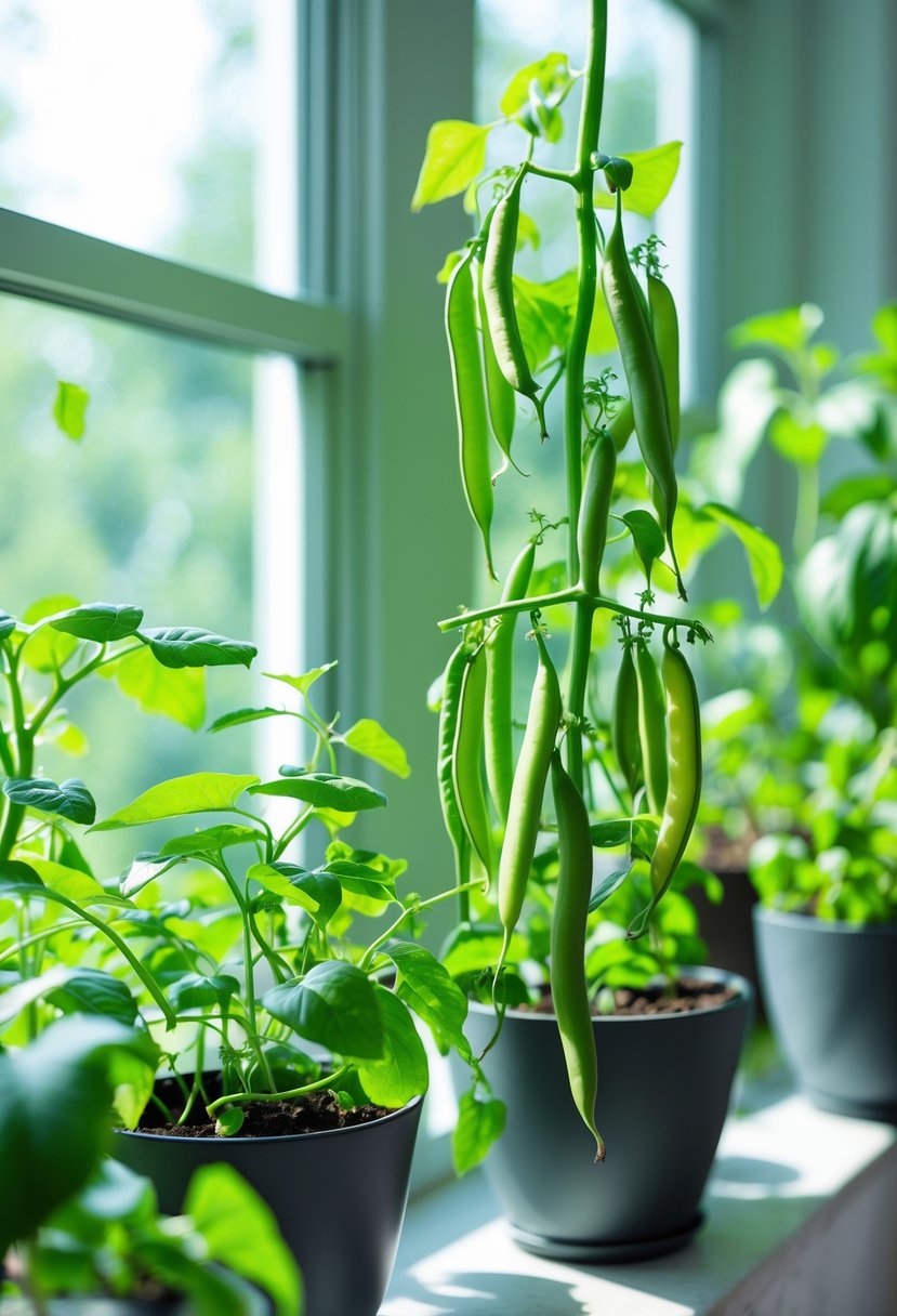 Green bean plants growing indoors on a windowsill with fresh green pods and leaves.