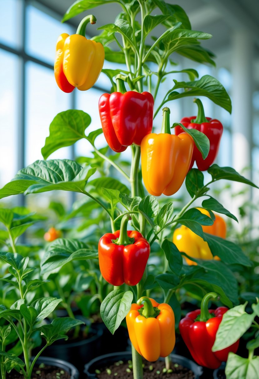 Colorful bell peppers growing on healthy plants inside a bright indoor garden with sunlight coming through windows.