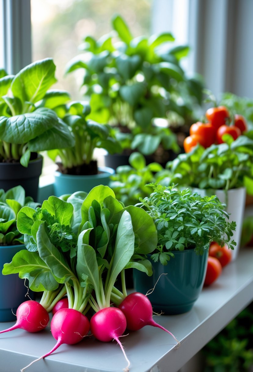 A variety of healthy vegetable plants including red radishes growing indoors on a sunlit windowsill.