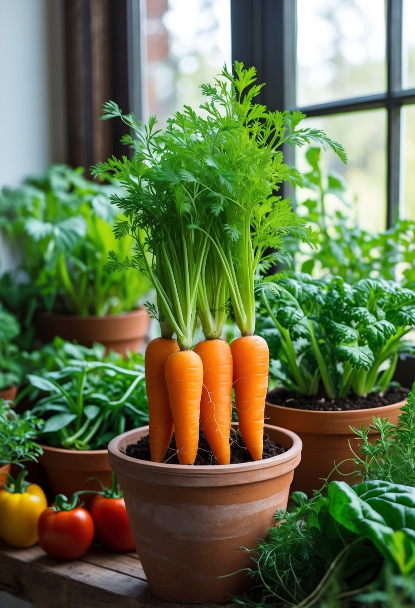 An indoor garden with a variety of healthy vegetables growing in pots, featuring bright orange carrots with green tops on a sunlit windowsill.