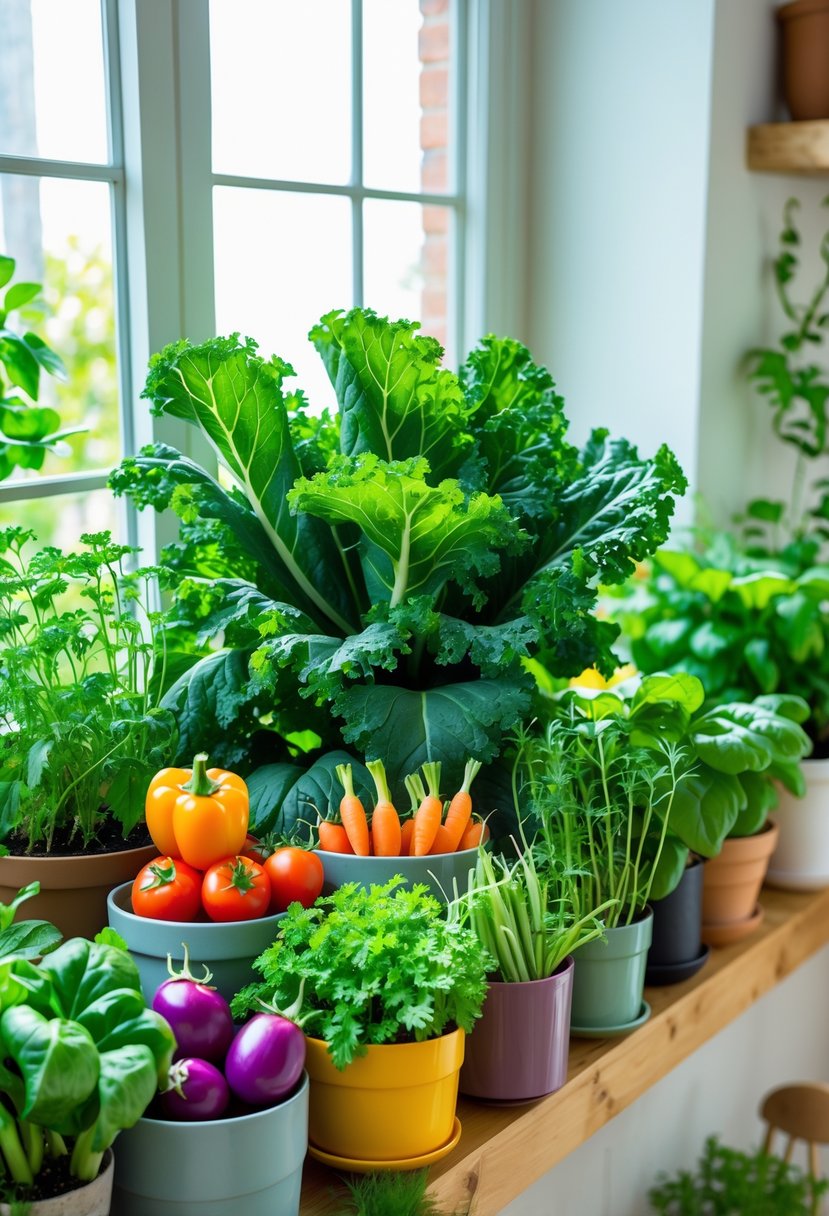 A bright indoor garden with twelve different healthy vegetables, including kale, growing in pots on shelves and a windowsill.
