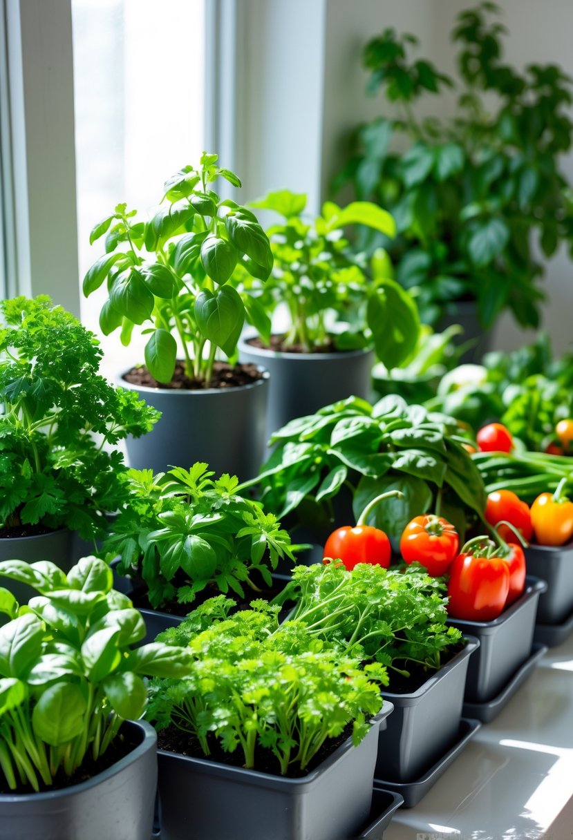 A bright indoor garden with pots of basil, parsley, cilantro, and twelve different vegetables growing on a sunny windowsill.