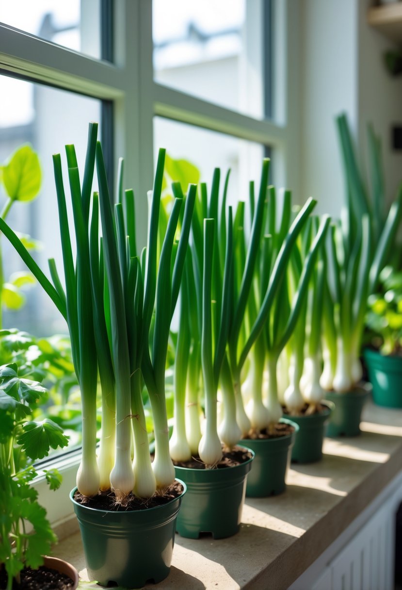 Fresh green onions growing in small pots on a kitchen windowsill with sunlight.