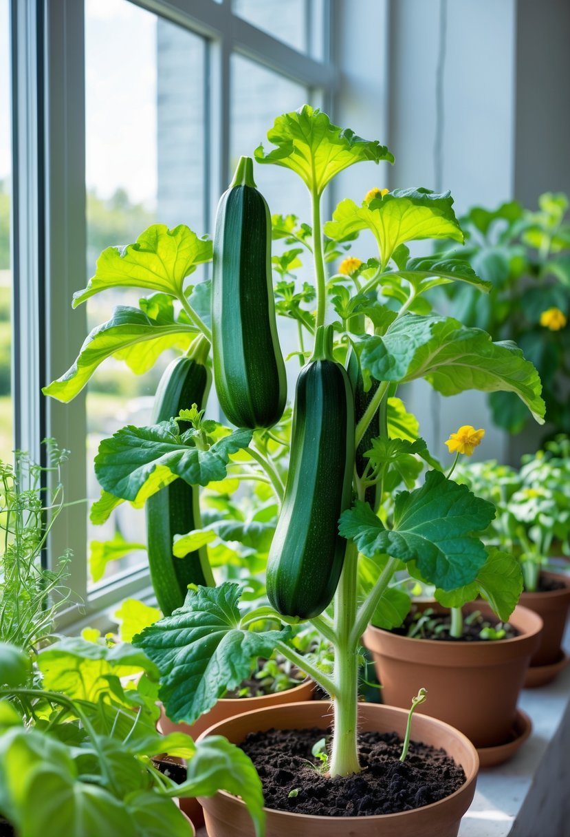 Indoor garden with healthy zucchini plants growing in pots on a sunny windowsill surrounded by other vegetables.